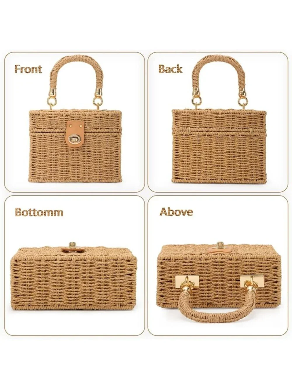 Handwoven Rattan Beach Tote Bag | Square Boho Crossbody Handbag for Women